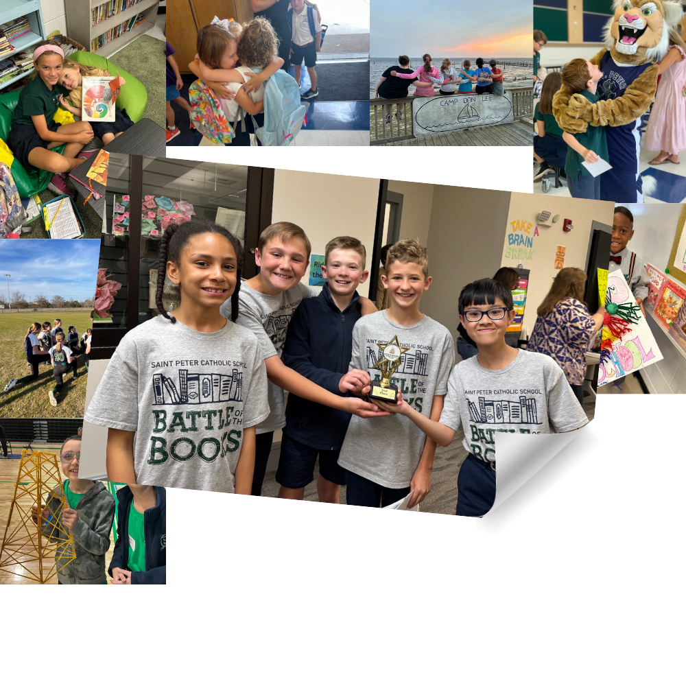 Collage of student life photos with students holding their second place trophy for the battle of the books