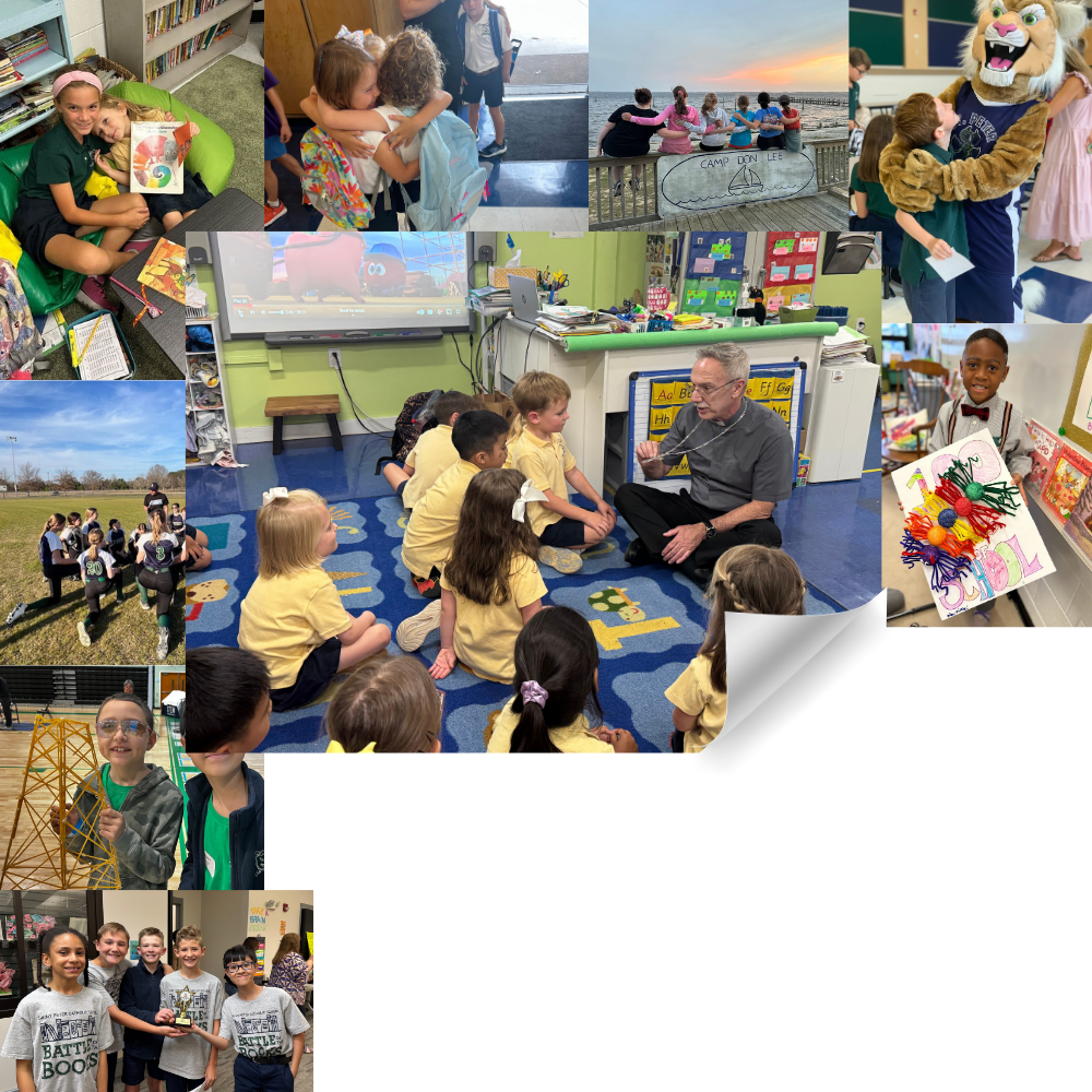 Collage of student life photos with Bishop Zarama, sitting on the floor in the classroom, with several young students, showing them the cross he wears around his neck.