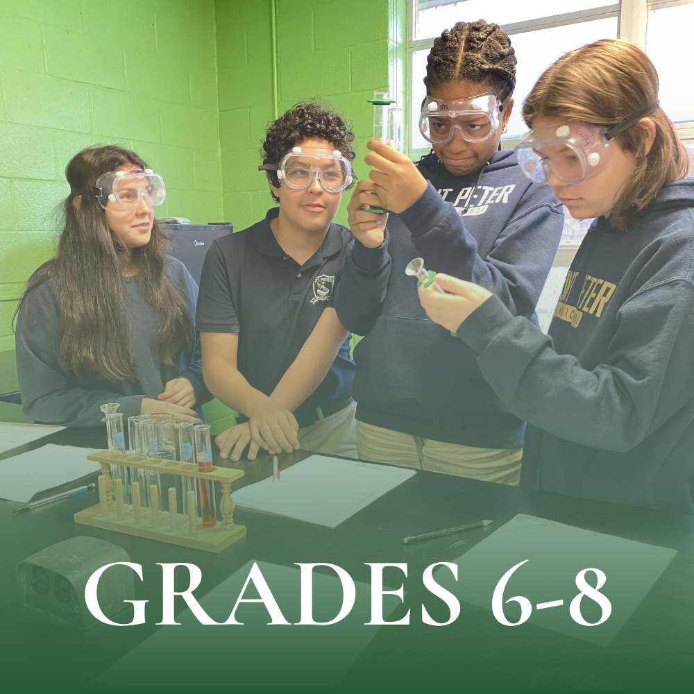 Middle school students stand looking at a beaker with clear goggles on, in science class