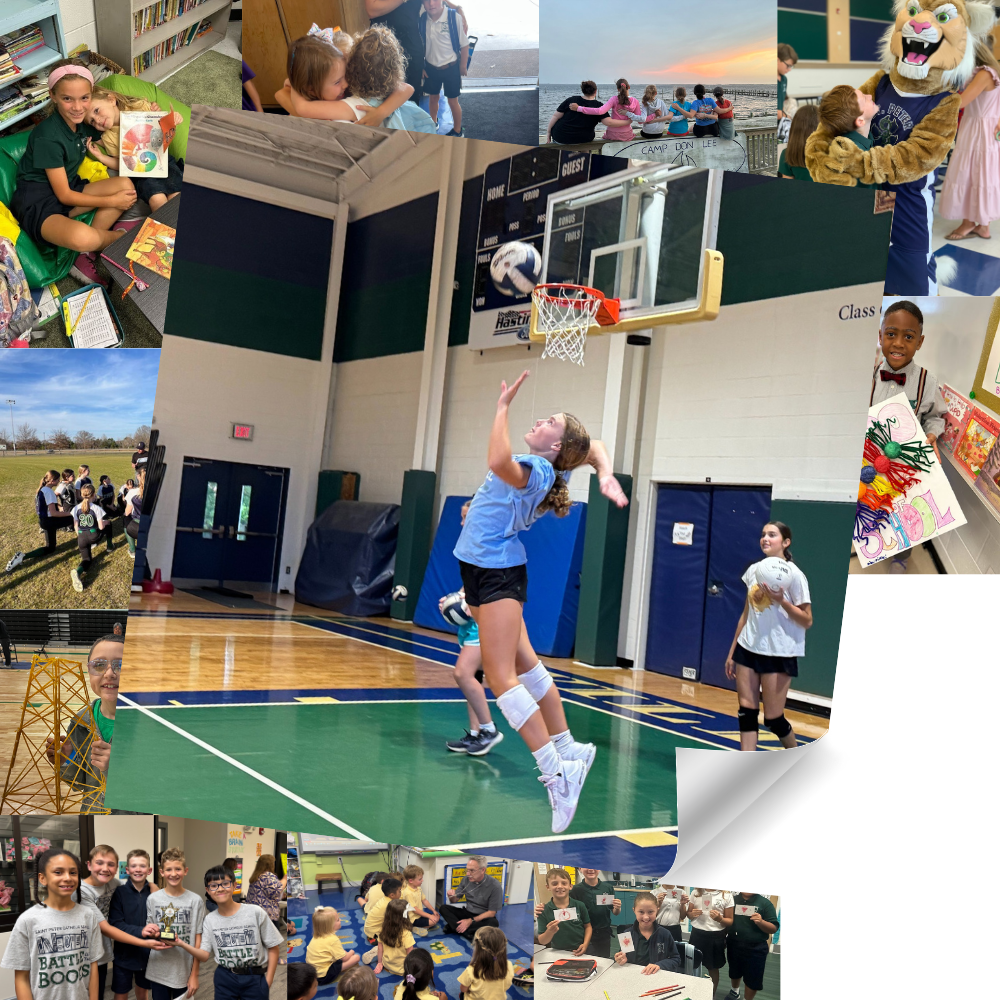 Collage of student life photos with a girl’s volleyball student in an action shot of hitting the ball into play in the gym