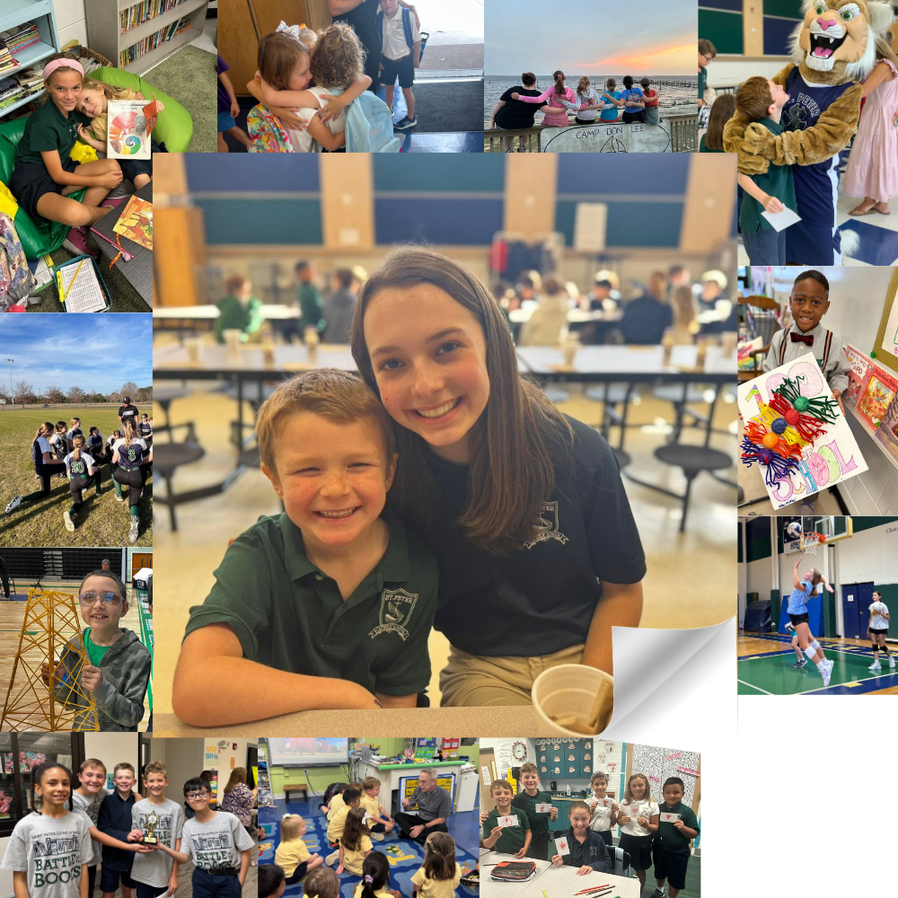 Collage of student life photos with a middle school student mentor sitting with her young elementary school buddy in the cafeteria smiling