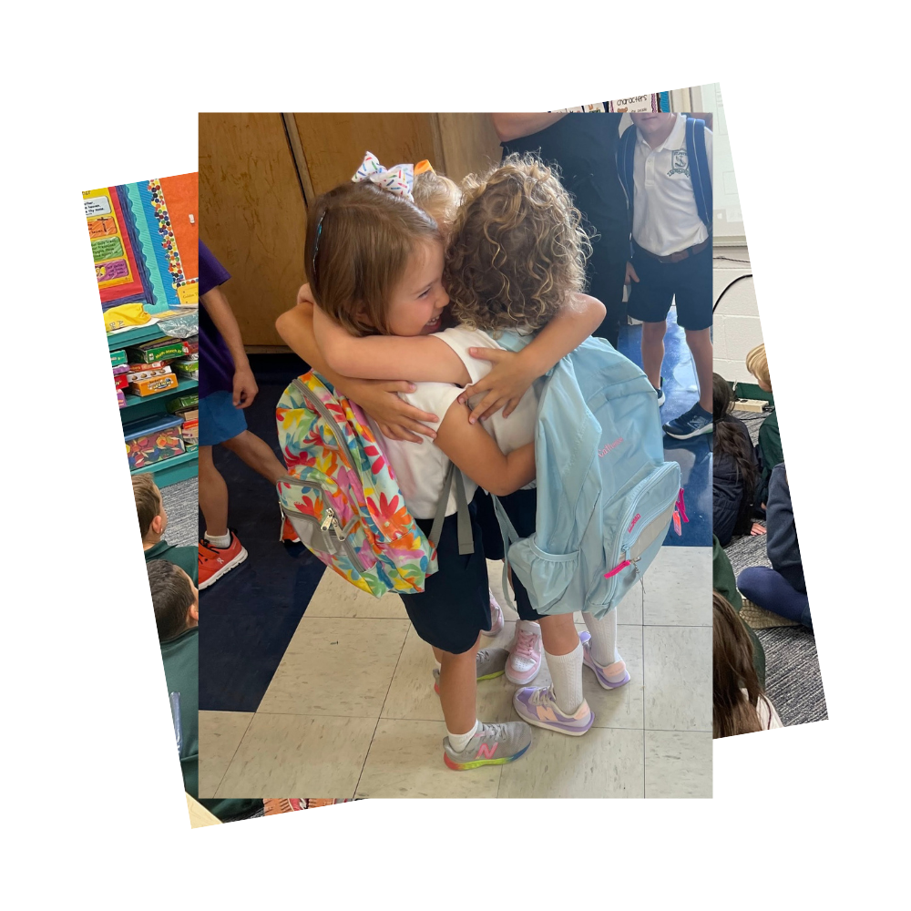 Three kindergarten students hug with backpacks on