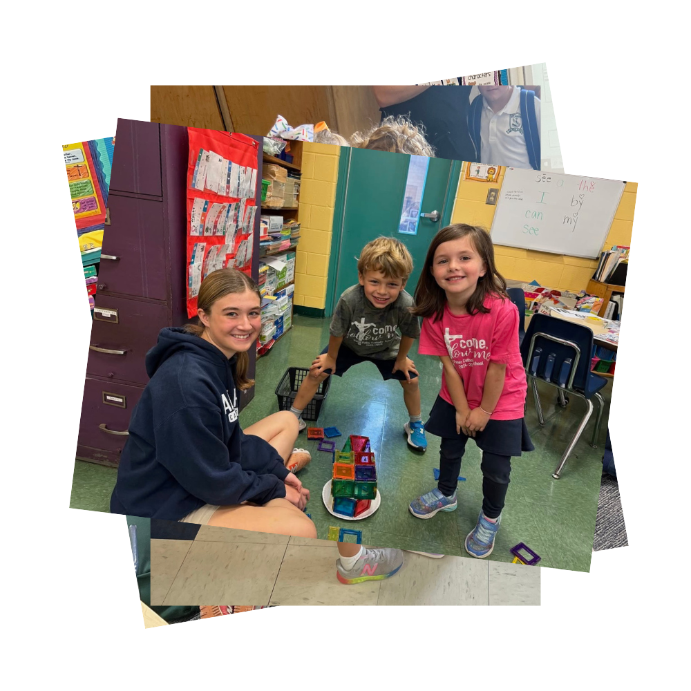 Students pose by Magnatile house