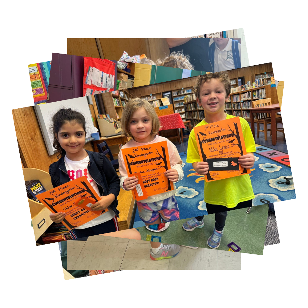 Students hold up library contest awards papers