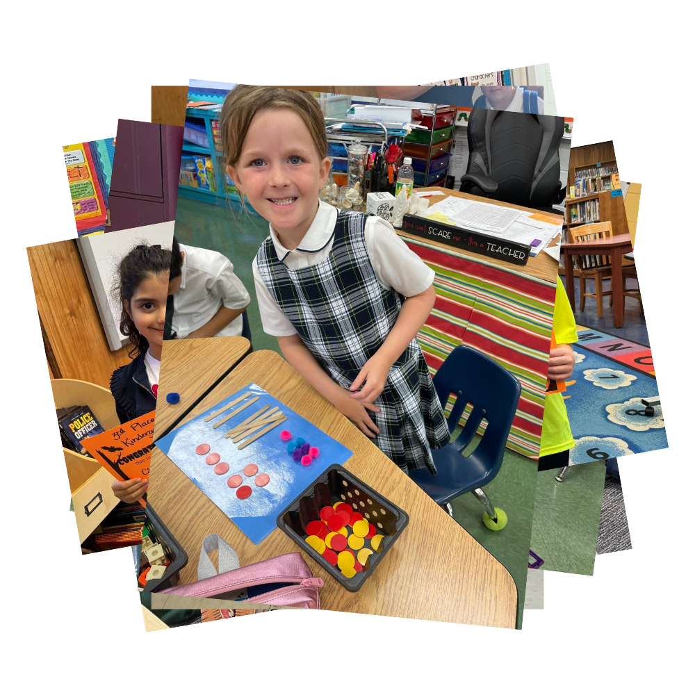 Student shows off math project with circles, pom poms, and popsicle sticks