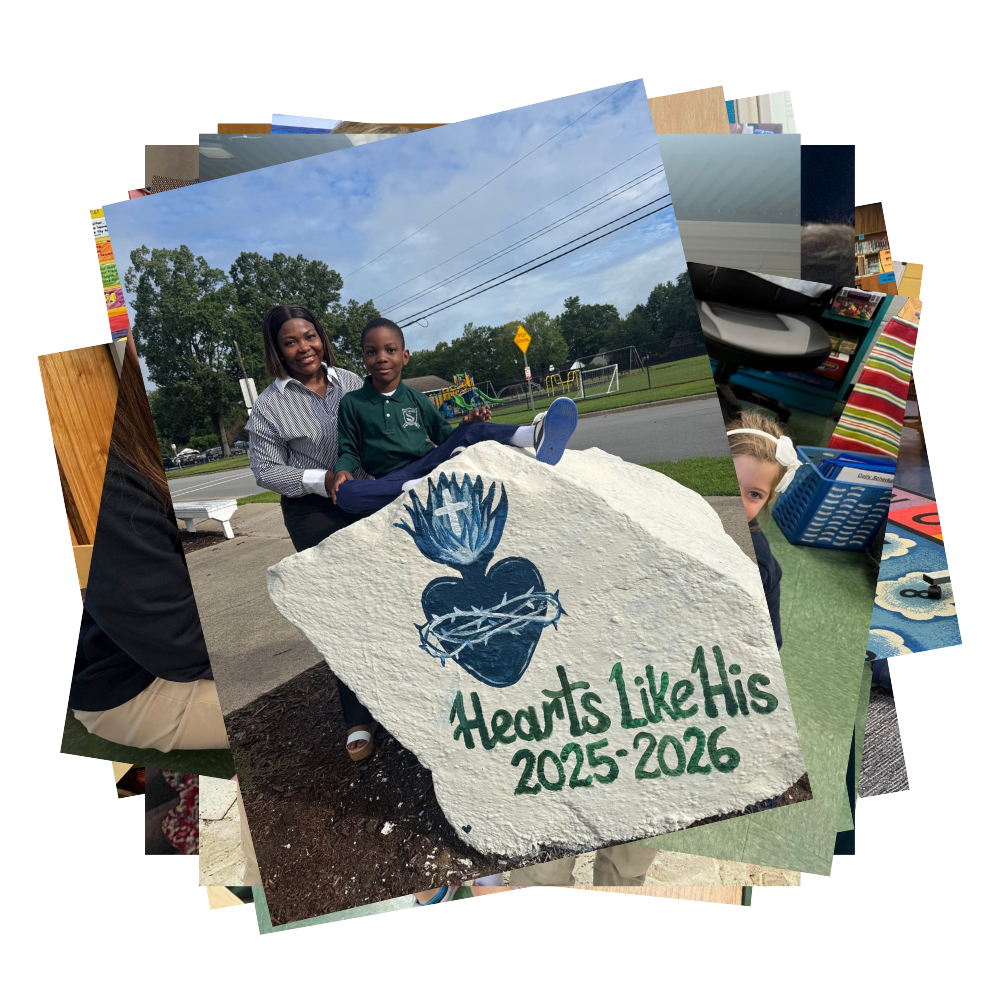 SPCS family poses by school rock outside with caption Heart Like His 2025-2026, with Sacred Heart of Jesus artwork