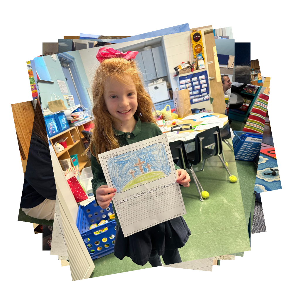 Kindergarten student holds up worksheet with cross drawing and I love Catholic school because