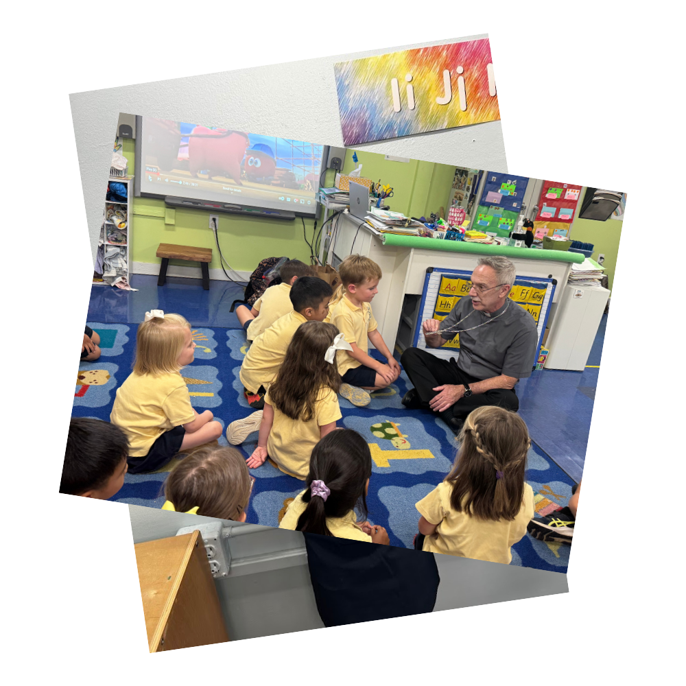 Collage of student life photos with Bishop Zarama, sitting on the floor in the classroom, with several young students, showing them the cross he wears around his neck.