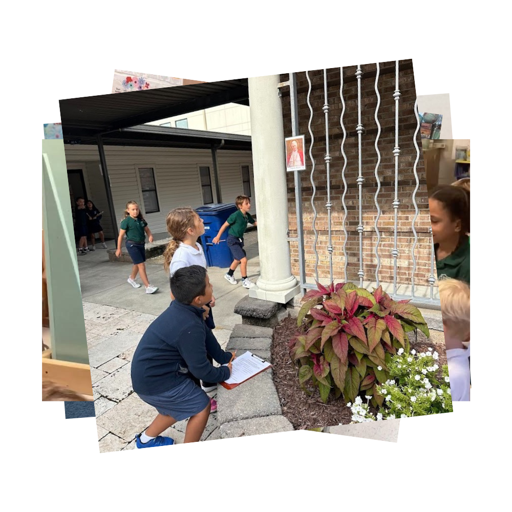 Students run around outside searching for photos of saints and working on worksheets