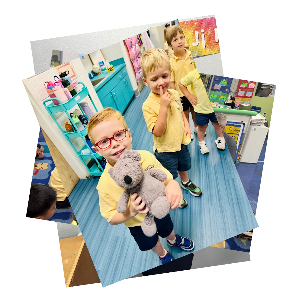 Preschool students hold up stuffed koala
