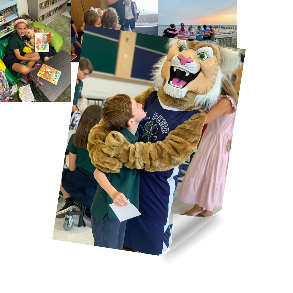 Collage of student life photos with a student hugging the school‘s mascot in the lunchroom
