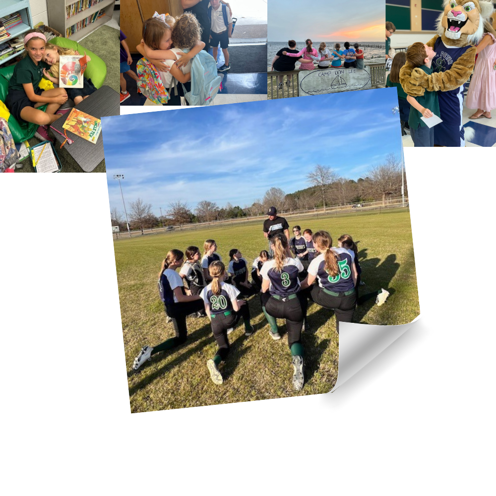 Collage of student life photos with the girl’s softball team kneeling before their coach on the field