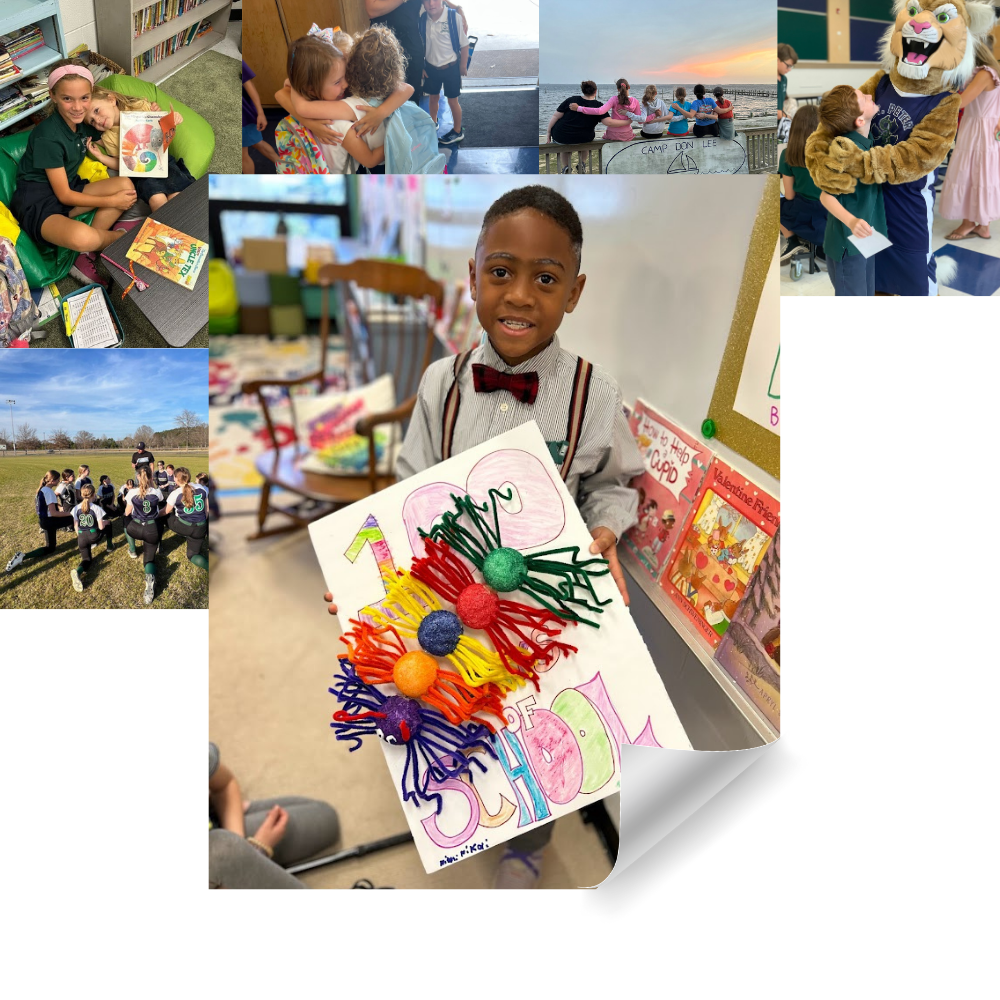 Collage of student life photos with student holding 100 day of school sign
