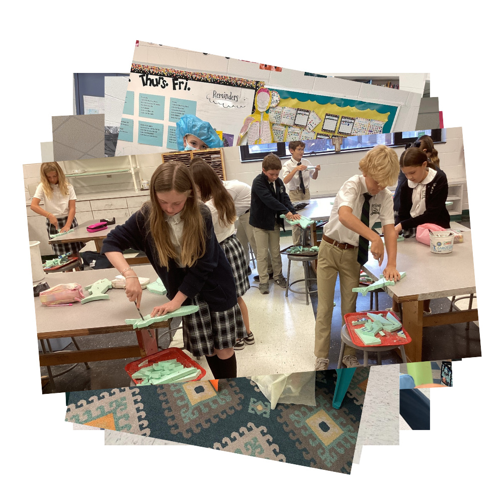 Students in art class cutting styrofoam with exacto knives