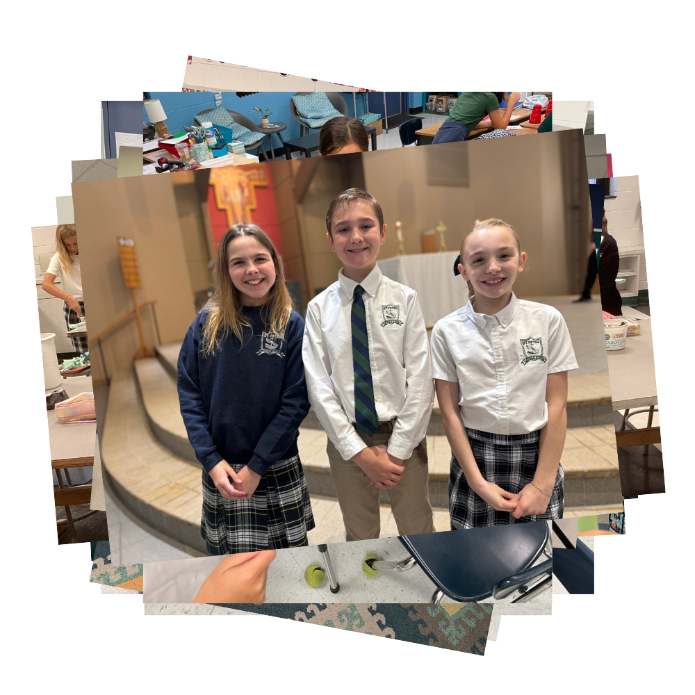 Three Catholic school students in dress uniforms smiling at camera with altar behind them