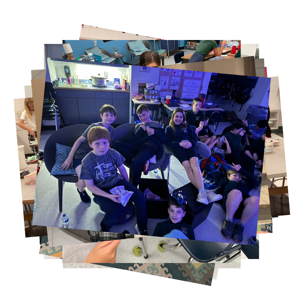 Fifth grade students sit in chairs and on the floor for movie day