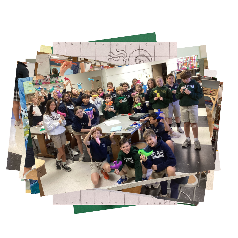 Students hold up stuffed animals that they sewed in art class