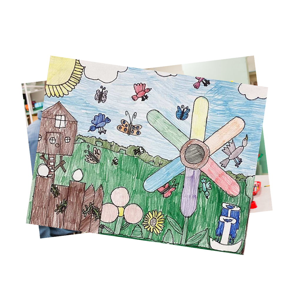 Student drawing of flower, house, and butterflies