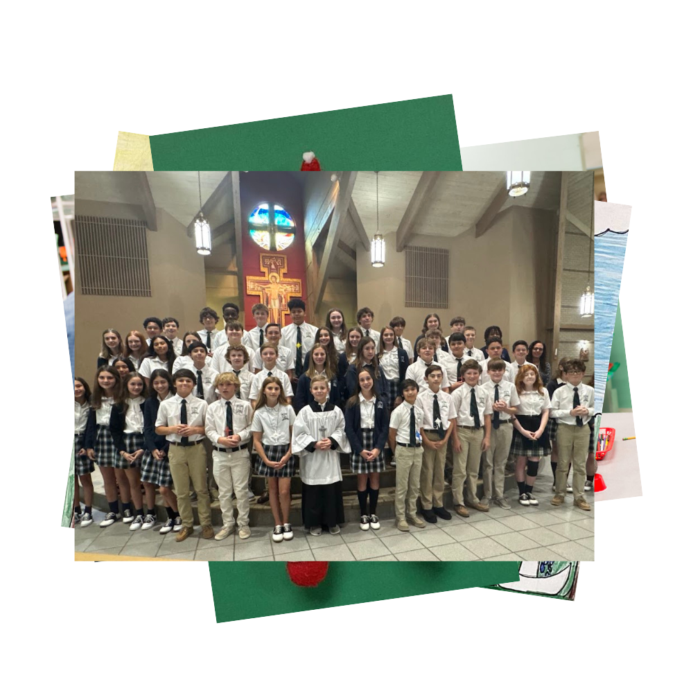 Catholic school students in dress uniforms wearing 3D printed crosses in church