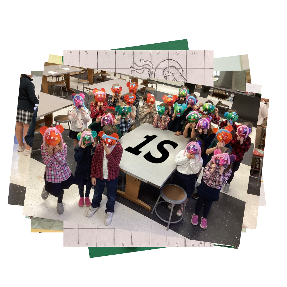 Students hold up mouse masks to their faces