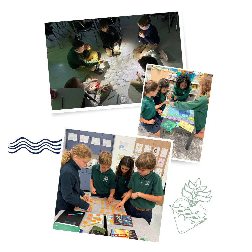 Collage of students learning: Students sitting on floor with flashlights looking at pieces of paper, students playing at a handmade board game at table, students pointing to orange pieces of paper on a desk