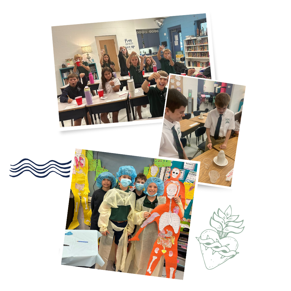 Collage of fifth grade science projects: Students holding handmade slime, students watching homemade volcano erupt, students dressed as doctors holding up paper skeleton