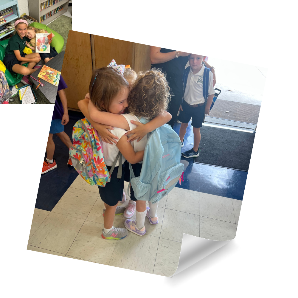 Collage of student life photos with three young students, wearing backpacks, smiling and hugging each other in the entrance of the school