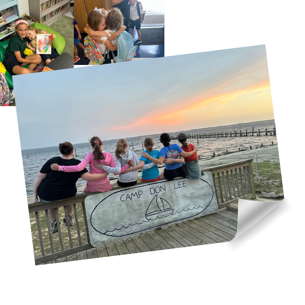 Collage of student life photos with six students, sitting arm and arm facing the ocean, watching the sunset at Camp Don Lee