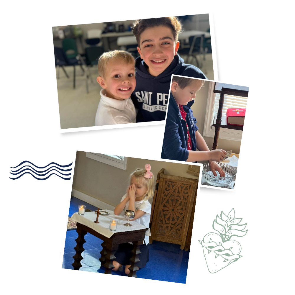 Collage of kindergarten students: Student with older student smiling at camera, student pouring water from baptism shell over his hand, student praying at pretend altar