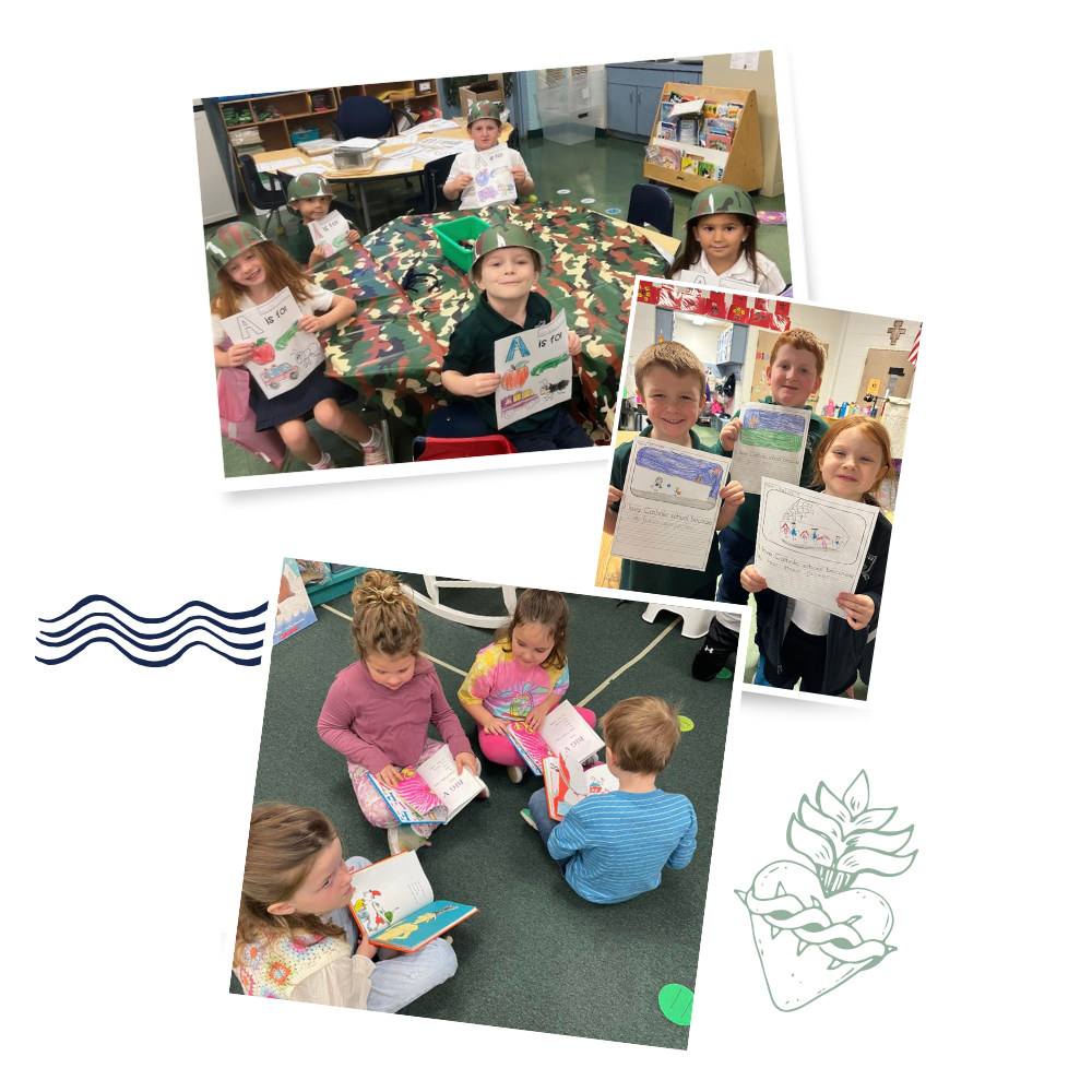 Collage of kindergarten students reading: Students at table wearing hats with A worksheets, students holding up artwork on worksheets that read I love Catholic school because, students reading on the floor together