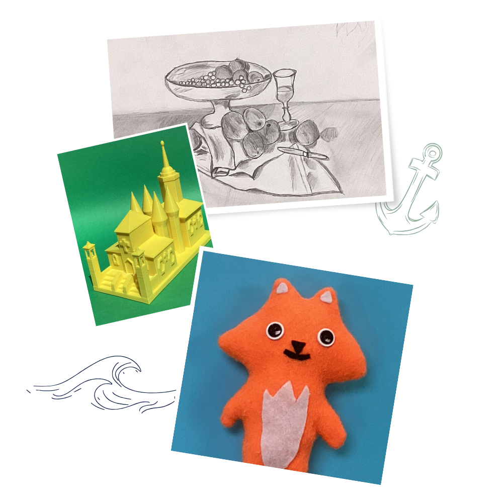 Collage of student art: Pencil sketch of fruit bowl, 3D printed church, hand sewn stuffed orange cat