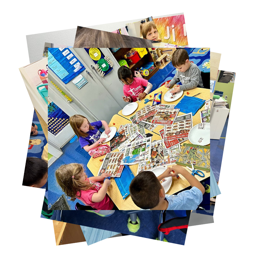 Collage of student life photos With preschoolers making an collage art project using advertisement papers, paper plates, and glue sticks