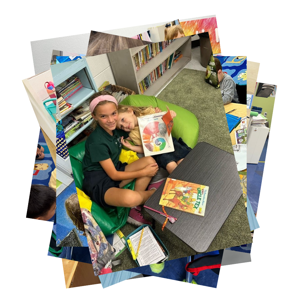 Collage of student life, photos with book buddies, sitting on beanbag chairs, reading a book together