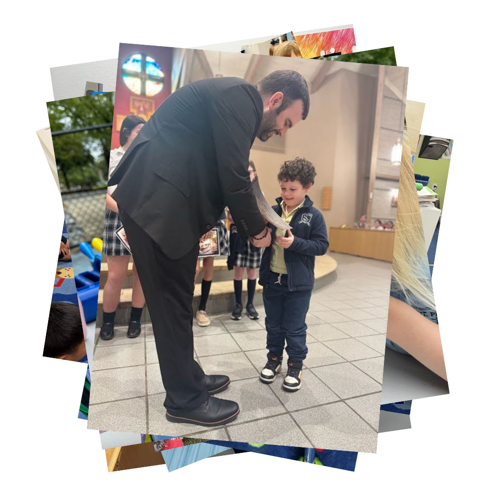 Collage of student life photos with Fr. Magee shaking hands with a preschooler receiving a certificate in the church