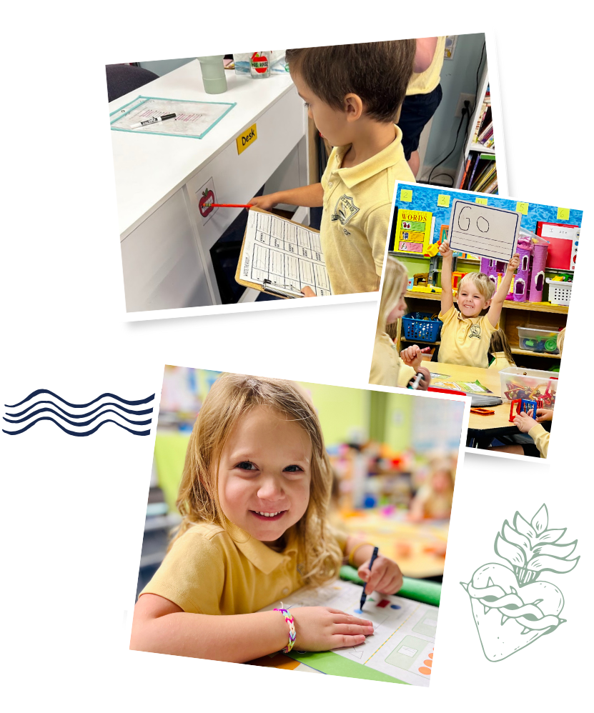 Collage of student life photos of preschoolers writing in their workbooks, showing their word sheets