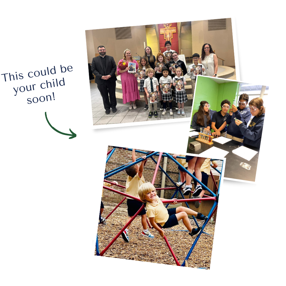 Collage of student photos: Students holding awards at church, middle school students in science class examining beakers, student playing on jungle gym, with the caption this could be your child soon!