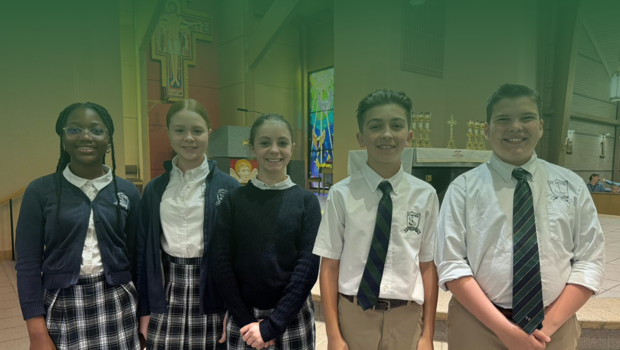 St Peters Catholic School home header page with 5 middle school student readers, pose near the Altar of the Church