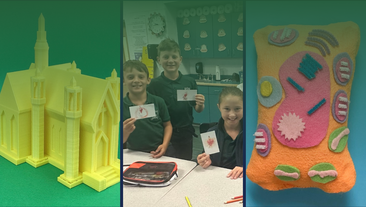 Saint Peter‘s Catholic school home headers collage with Model of the church, students displaying Sacred Heart artwork, and handmade orange pillow with design