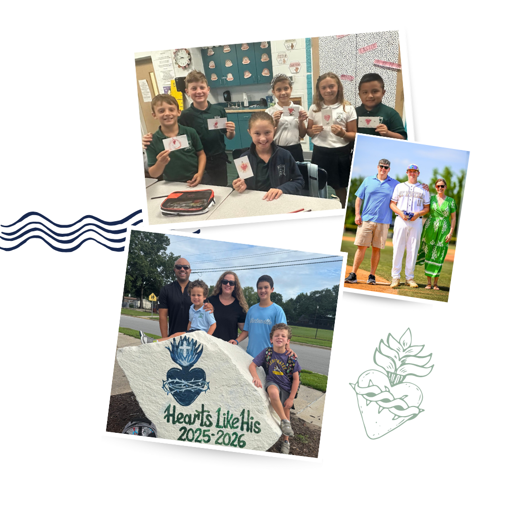 Collage of student life photos Saint Peter‘s Catholic school family standing by a large white rock outside, that includes a drawing of the Sacred Heart of Jesus and the words Hearts Like His 2025–2026