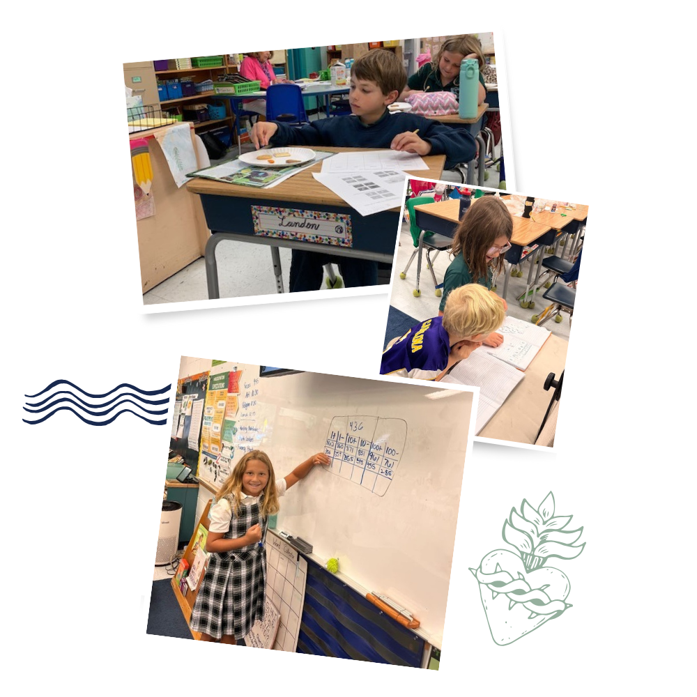 Collage of third grade math projects: Student counting out snacks on plate, students working on math problems together, student solving math problem at whiteboard