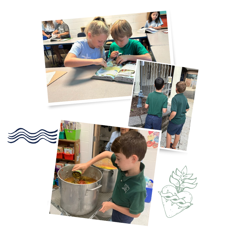 Collage of third grade students in religion class: Students reading Bible together, students looking at a picture of a saint outside, student dumping a can into a pot of soup