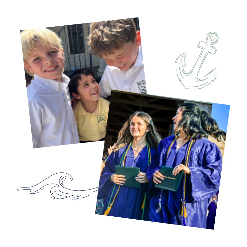 Students at St. Peter Catholic School in Greenville, NC: Three boys smiling and laughing together, and two girls in graduation gowns