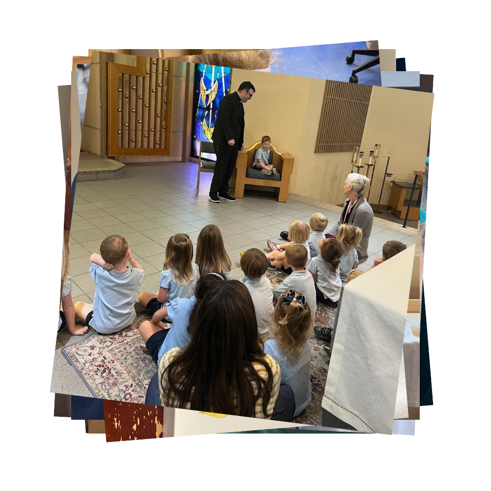 A young boy sits in the priest's chair on the altar with the preschool class looking on