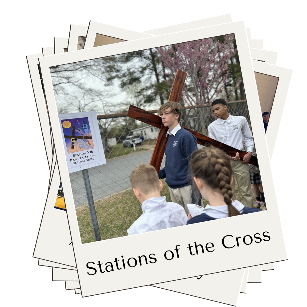 Student holding a cross nearing an image of the Stations of the Cross with the caption Stations of the Cross