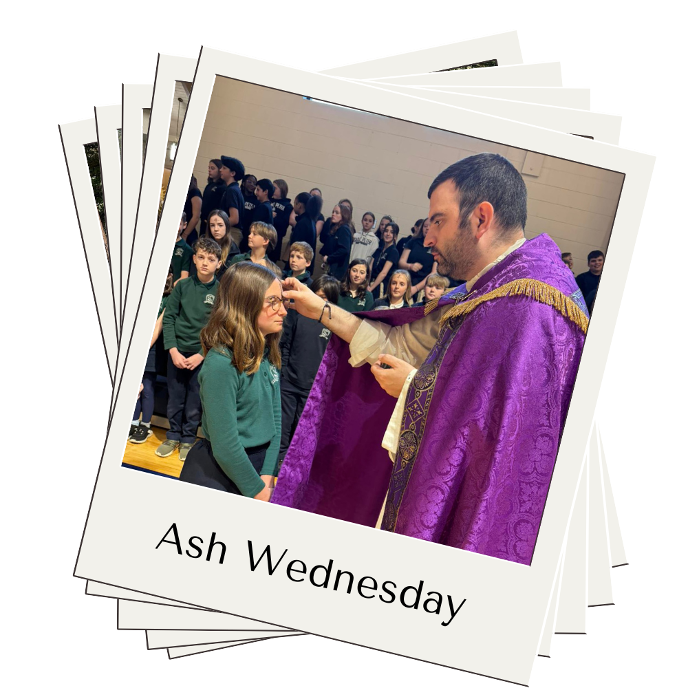 Priest putting ashes on student's forehead with the caption that reads Ash Wednesday