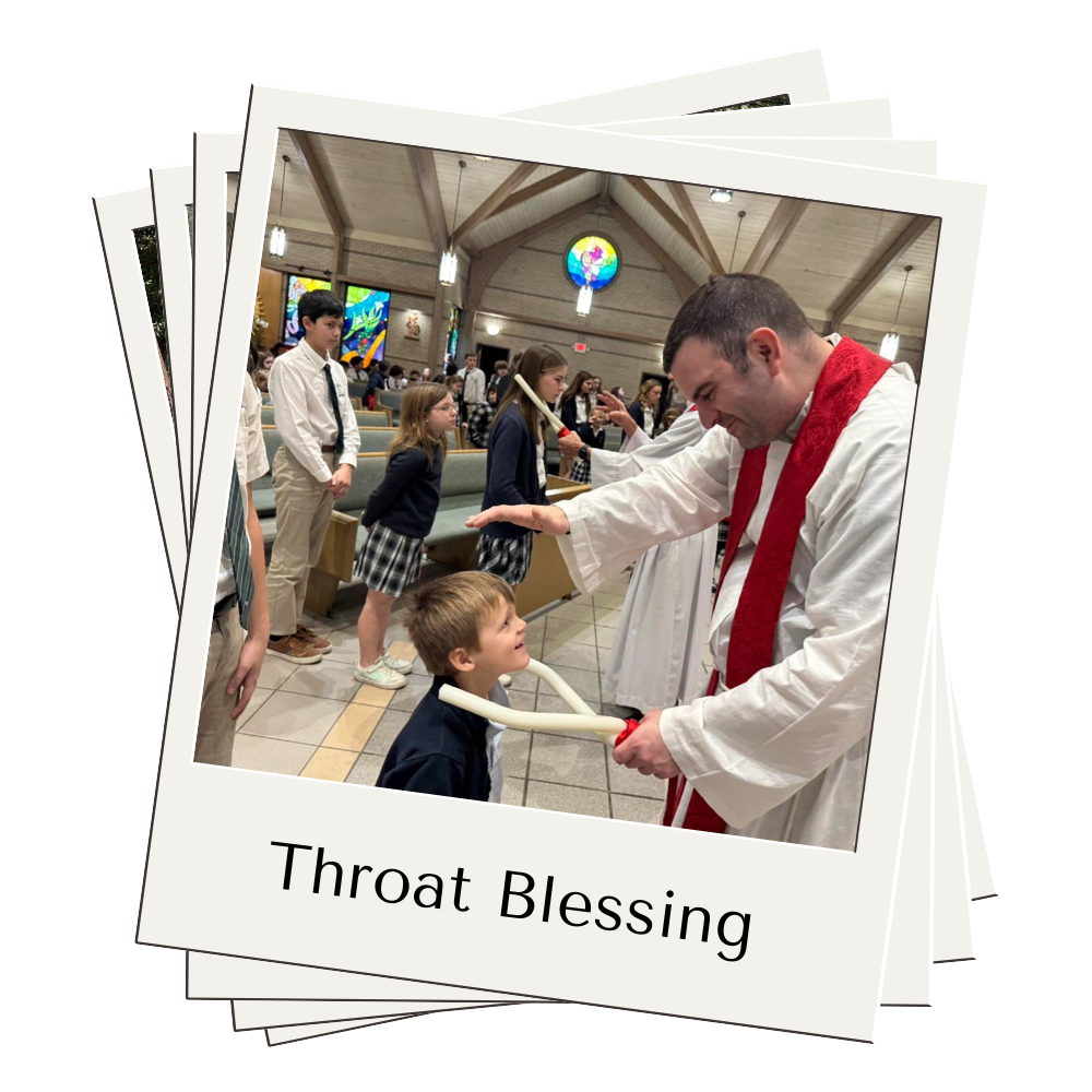 Priest blessing the throat of a child at Mass with the caption Throat Blessing