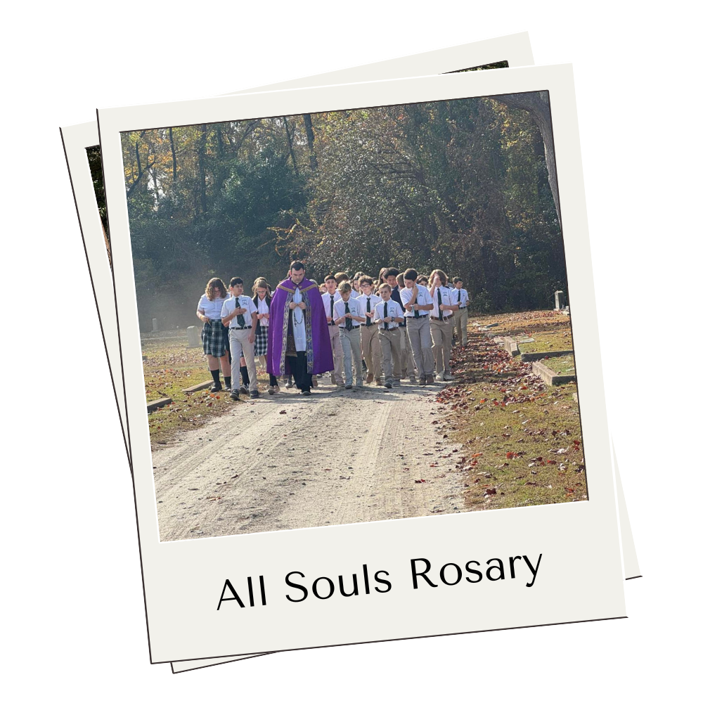 Priest leading students on rosary walk through cemetery with the caption All Souls Rosary