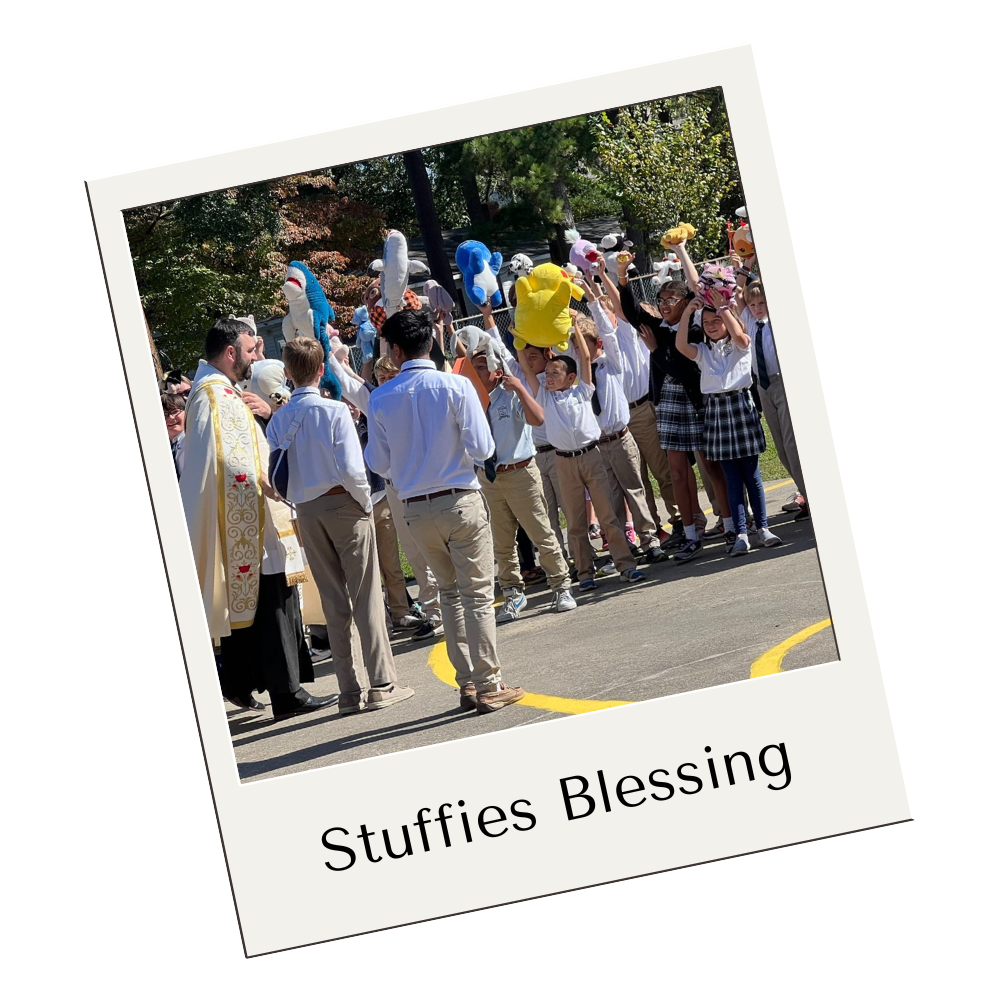 Priest blessing stuffed animals students are holding up with the caption Stuffies Blessing