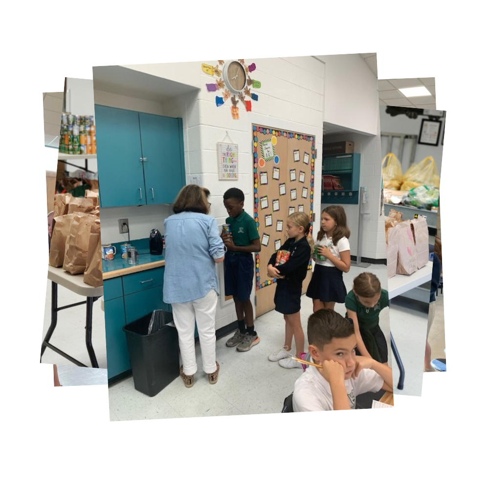 Students bringing canned goods to teacher by sink