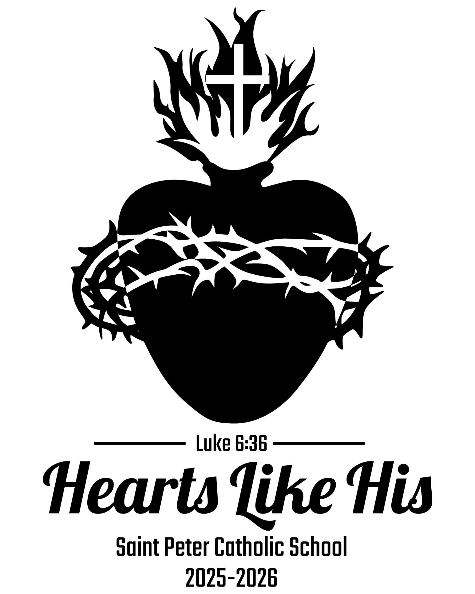 School spirit logo that reads Luke 6:36 Hearts Like His Saint Peter Catholic School 2025-2026